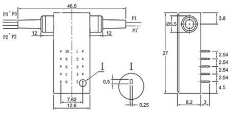 D1×2 多模光開關（3V 鎖定型）產品尺寸圖 - 科毅光通信